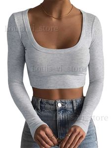 Women's T-Shirt 2023 O Neck Ribbed Knitted Long Sleeve Shirts Women Sexy Cropped Tops y2k Casual Skinny Slim Basic T-shirts Tee Tops Black White T240221
