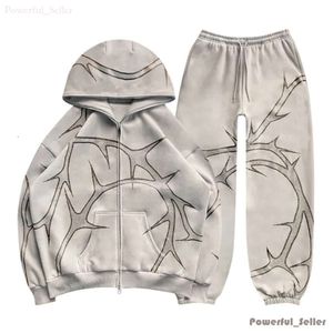 Erkeklerin Trailsits Rhinestones Baskı Full Zip Hoodie Gevşek Set Erkekler Moda Sokak Giyim Y2K Gotik Hip Hop Sweatshirts Giyim 8423