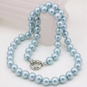 Halsketten Lange 18-Zoll-10-mm-Halskette mit hellblauen Akoya-Muschelperlen