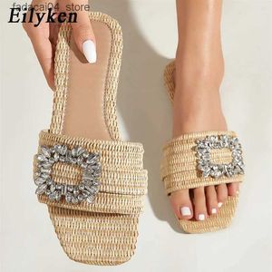 Terlik Eilyken Yaz Pırıltılı Rhinestone Kadın Terlik Parlak Elmas Düz Alt Kesme Kristal Sandalet Plaj Slaytları Ayakkabı Zapatos Muje Q240221