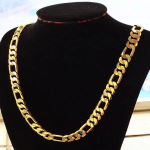 Halsband Pure Gold Color 10mm Figaro Chain Halsband för män Kvinnor pläterade 24K Guld Mäns långa halsband 50 cm till 75 cm Hip Hop Rock -smycken