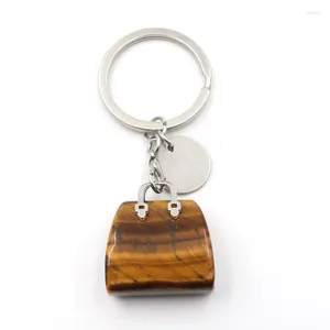 Keychains Silver Plated Circle Bag Shape Tiger Eye Stone Key Chain For Women Party Gift Jewelry