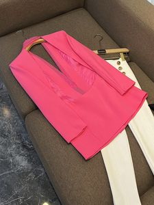 Spring Hot Pink Solid Color Hot Drilling Backless Blazers Black Long Sleeve Lapel Neck Classic Outwear Coats O3N022602