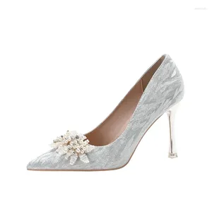 Sapatos de vestido 30-44 2024 Glitter apontou salto fino pérolas casamento dama de honra stiletto prata mulheres bombas