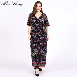 Sukienka 4xl 5xl 6xl w rozmiarze plus vintage boho sukienki boksowe Kobiety Summer V Neck Surk Short Sleeve Retro Floral Print Long Boho Dress