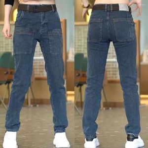 Jeans masculinos homens estilo retro meados de cintura denim com vários bolsos fecho de zíper para calças de comprimento de tornozelo respirável