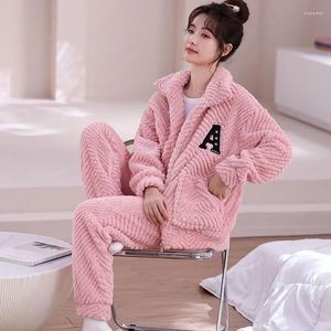 Women's Sleepwear 2024 Coral Fleece Pajama Woman Autumn Winter Loose Loungewear Flannel Stand Collar Set Zipper Warm Homewear