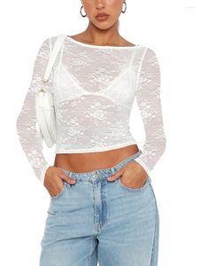 Women's T Shirts Women Y2K Floral Lace Crop Top Sexy See Through Sheer Mesh Slim Fit Aesthetic Going Out Tees Tops Streetwear