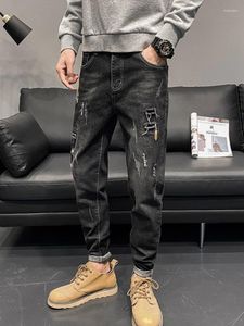 Men's Jeans For Men Slim Fit Torn Trousers Tight Pipe Male Cowboy Pants With Holes Skinny Black Ripped Broken Washed Autumn Clothing