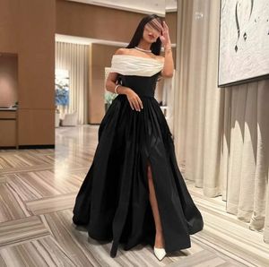 Vintage Long Black Taffeta Evening Dresses With Slit A-Line Bateau Neck Zipper Back Floor Length Prom Dress Party Dresses for Women