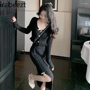 Work Dresses Ladies Skirts Sets V-Neck Single Breasted Bow Tie Flounce Cardigan Split Wrap Hip Skirt Gentle Knitted Two-Piece Women's