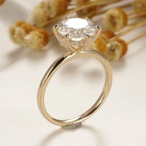 Anéis CxsJeremy Sólido 14K 585 Ouro Amarelo 3ct 9mm Rodada Moissanite Halo Escondido 6 Prongs Anel de Noivado para Mulheres Presente de Casamento