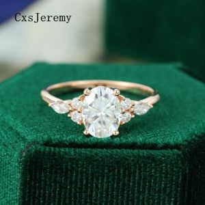 Ringar CXSJEREMY 14K AU585 Rose Gold 6*8mm 1,5ct Oval Moissanite Förlovningsringar Vintage Cluster Wedding Bridal Anniversary Gifts