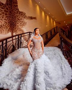 Arabic Aso Ebi Exquisite Lace Mermaid Wedding Dresses Shine Crystal Lllusion Ball Gown Pleated Tulle Brush Train Bridal Gowns Dress Customized Vestidos De Novia