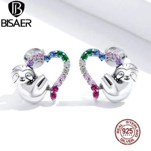 Earrings BISAER Real 925 Sterling Silver Little Sloth Heart Stud Earrings Rainbow Zircon Animal Earring For Women Party Fine Jewelry