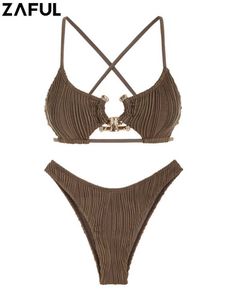 Kvinnors badkläder Zaful Cut Out Crisis Cross Womens Cross Swimsuit Texture Metal Hårdvara Hög ben Tjock Bikini Swimsuit Cushion Backless Tie Top J240221