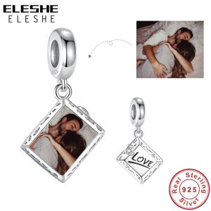 Koraliki Eleshe Custom Photo Charms 925 Sterling Silver Forever Love Square Krzystwo Fit Fit Oryginalny Naszyjnik Bransoletki DIY Kobiet Biżuteria modowa