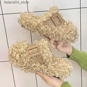 Kapty muły dla kobiet 2024 Low Ladies Buty Buty Fur Flip Flops Cover Toe Zimowe obuwia Pluszowa Pluszowa Płaska PU Guma Slajd Q240221