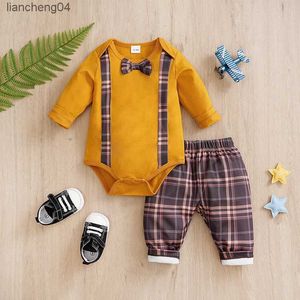 Kleidungssets Einfarbige Jacke + karierte bedruckte Hose Langarm-Baumwoll-Modeset 0-18 Monate Neugeborenes Baby Frühling und Herbst Rundhalsausschnitt