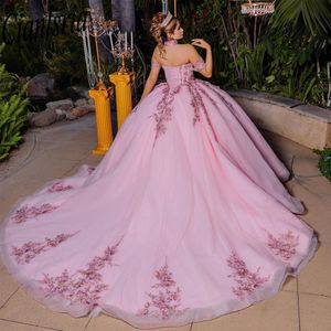 Rosa quinceanera klänningar bollklänning från axel puffy söt 16 klänning 3d rose blommor kändis party klänningar examen