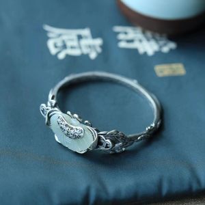 Bangles Designer original new and old handmade butterfly silver inlaid Ruyi Hetian jade open bracelet retro ladies jewelry