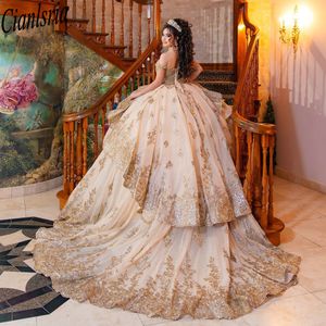 Gold Pearls Beading Ruffles Ball Gown Quinceanera Dresses Off The Shoulder Sequined Appliques Lace Sweet 15 Vestidos De XV Anos