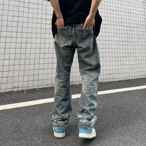 Jeans da uomo con gamba larga lavata effetto invecchiato con fori strappati multi tasche per stile casual streetwear vestibilità ampia