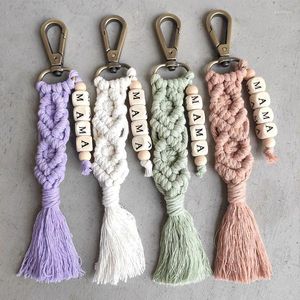 Keychains Wood Cube Pärled Mama Keychain Macrame Boho Style Weave Frerings Tassel Key Chain Bag Accessories Mother's Day Gift