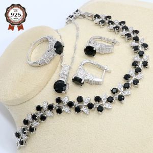 Set set di gioielli in argento 925 con zirconi bianchi neri per bracciale da donna, orecchini a cerchio, collana, anello pendente, confezione regalo