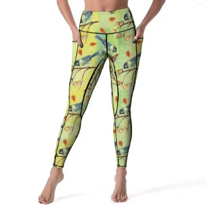 Calças ativas aquarela pássaros yoga floresta animal fitness leggings push up calças esportivas de secagem rápida respirável impresso
