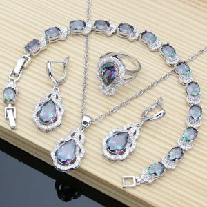 Set Naturale Arcobaleno Topazio 925 Set di Gioielli In Argento per Le Donne di Nozze Orecchino/Pendente/Collana/Anello/braccialetto Regalo amante Dropshipping