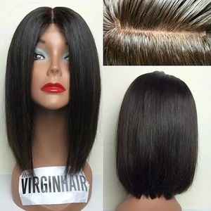 Cabelo humano curto bob peruca base de pele 5*5 seda fechamento superior peruca parte livre malaio remy cabelo peruca dianteira do laço parte livre natural balck 240220