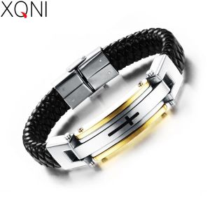 Pulseiras xqni vintage couro envoltório pulseira para homem moda artesanal de malha pulseira cor preta aço completo cruz homens jóias