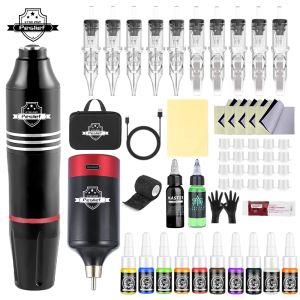 Machines New Professional Tattoo Machine Kit Complete Rotary Machine Pen with 10pc Cartridge Needle 12pc Ink For Tattoo Beginner Sets