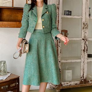 أزياء Office Office Office Stripe Vintage Lady Single Single Breadted Blazer Suit Suit Jacket High Weist Midi Skirt 2 قطعة مجموعات 240219