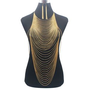 Jewelry Luxury Fashion Shiny Sexy Body Belly Gold Color Full Chain Body Chain Bra Slave Harness Necklace Tassel Waist Jewelry