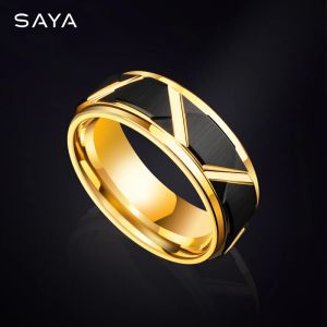 Rings Tungsten Wedding Ring for Men Personalized Black Faceted Design Gold Plating Comfort Fit, Free Shipping, Custom Engraved Name