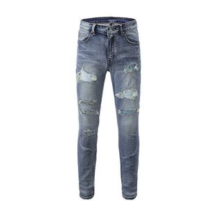 Style Street Blue Hole Jeans Mens Patch Drill Slim Fit Denim Pants