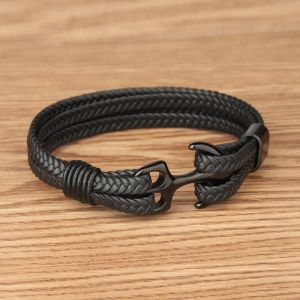 Bracelets Kirykle Titanium Steel Bracelet for Men High Quality Black Personality Leather Woven Anchor Leather Bracelet Rope Bracelet Gifts