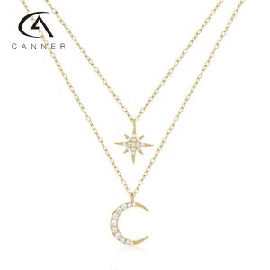 Pendants CANNER S925 DoubleLayered Star Moon Diamond Necklace For Women Trendy Luxury Pendant Jewelry Street Photography Ladies Necklace