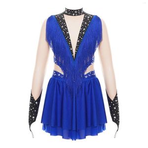 Scene Wear Kids Girls Figur Skating Dress Ballet Latin Cha-Cha Tango Samba Dance Costume Långärmad fransad Shiny Rhinestone Dancewear