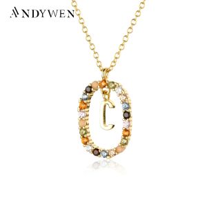 Halsband Andywen 925 Sterling Silver Gold Initial C Alphabet Letter E F R Pendant Lång kedja Halsband 2021 Kvinnor Rainbow Cz smycken