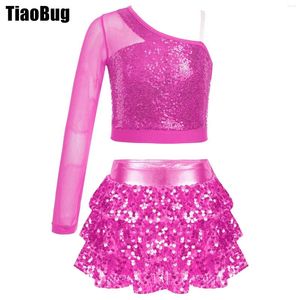 Abbigliamento da palco Per bambini Ragazze Paillettes Abito da ballo Maglia trasparente Manica lunga Monospalla Top con volant a strati Gonna Pantaloncini Culottes