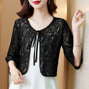 Jackets #5341 Black White Suncreeen Jacket Women Thin Perspective Hollow Out Lace Coat Female Half Sleeve Cardigan Kimono Jacket Summer