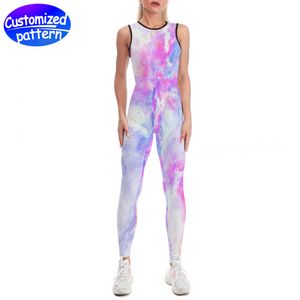 Custom women's one-piece yoga pants HD pattern Sleeveless design Breathable sweat absorption behind zipper design 90% polyester +10% spandex 262g multi-color