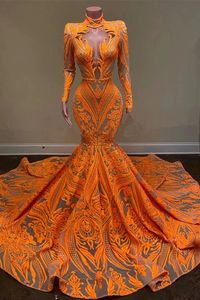 Popular Orange Lace Mermaid Prom Dress Vintage Sleeves Sequins Appliques Ruffles Long Women Ocn Formal Evening Gowns Custom Made