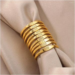 Cluster Rings 777 Angel Number Engraved Ring 18K Gold Plate Stainless Steel Uni Spiritual Minimalist Waterproof Jewelry Wholesale Dro Ot7Kz