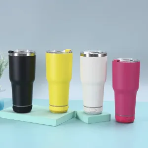 30oz Music Speaker Tumbler With Straws Lids Double Walled Stainless Steel Coffee Cups Drinking Mug With Waterproof Wireless Bluetooth Speaker Detachable LED Light