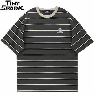 Erkek Tişörtler Hip Hop Street Giyim Retro Stripe T-Shirt Orijinal Pamuklu Tasarlama 2023 Erkek Yaz Kısa Kollu Üst T-Shirt J240221