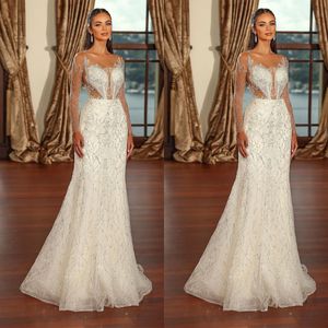 Classic Mermaid Wedding Dress Sequins Bridal Gowns Sheer Long Sleeve Rhinestone Custom Made Bride Dresses Sleeveless Vestido De Novia Es Less es less